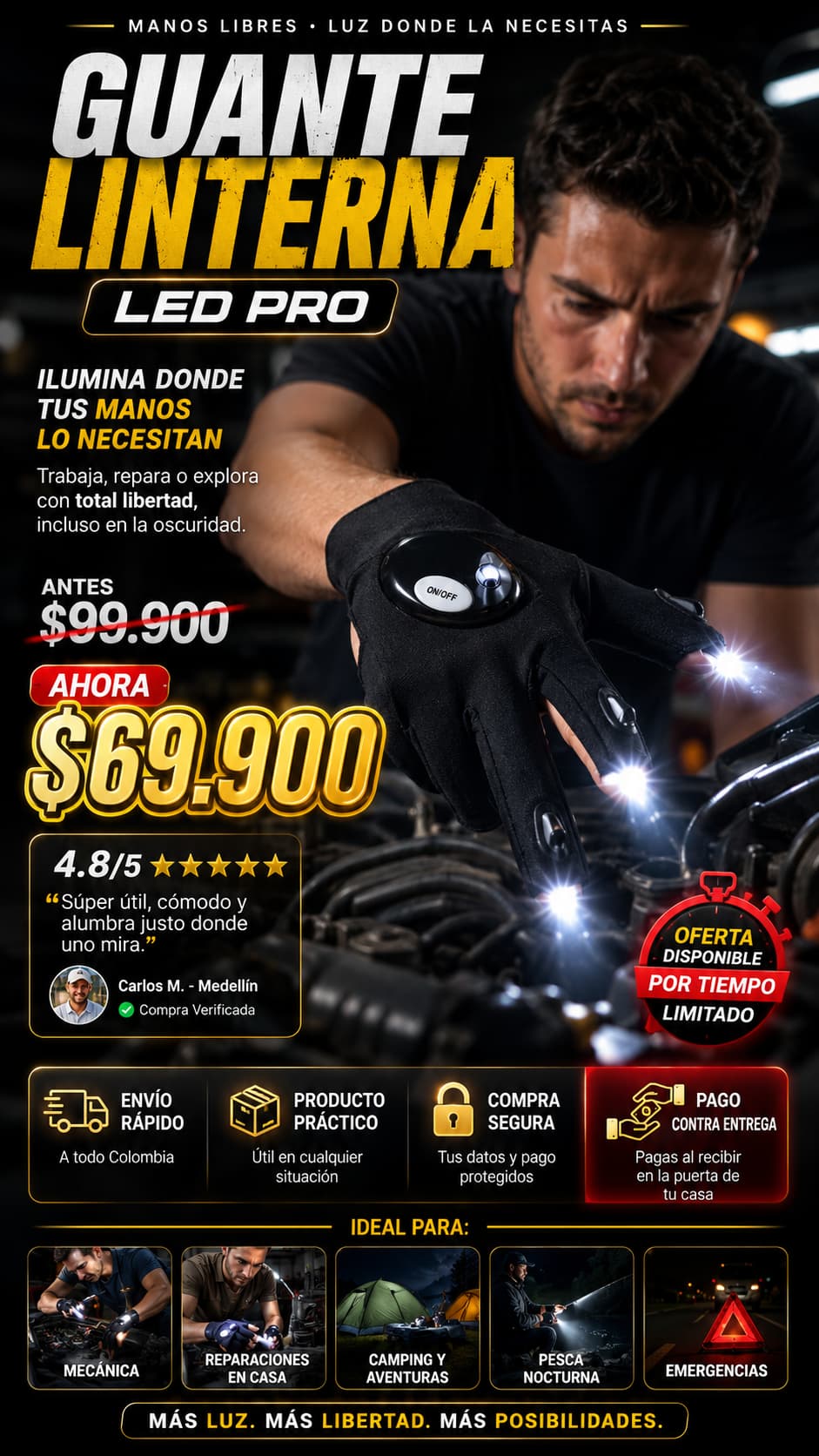 Guante linterna LED impermeable
